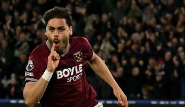 West Ham United's Greek defender #15 Konstantinos Mavropanos celebrates scoring the team's first goal during the English Premier League football match between West Ham United and Wolverhampton Wanderers at the London Stadium, in east London on April 10, 2026. (Photo by Ben STANSALL / AFP) / RESTRICTED TO EDITORIAL USE. No use with unauthorized audio, video, data, fixture lists, club/league logos or 'live' services. Online in-match use limited to 120 images. An additional 40 images may be used in extra time. No video emulation. Social media in-match use limited to 120 images. An additional 40 images may be used in extra time. No use in betting publications, games or single club/league/player publications. /