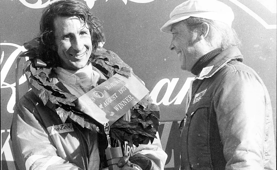 Barry Seton, pictured here after winning the Sun-7 Rothmans 100 in 1975.