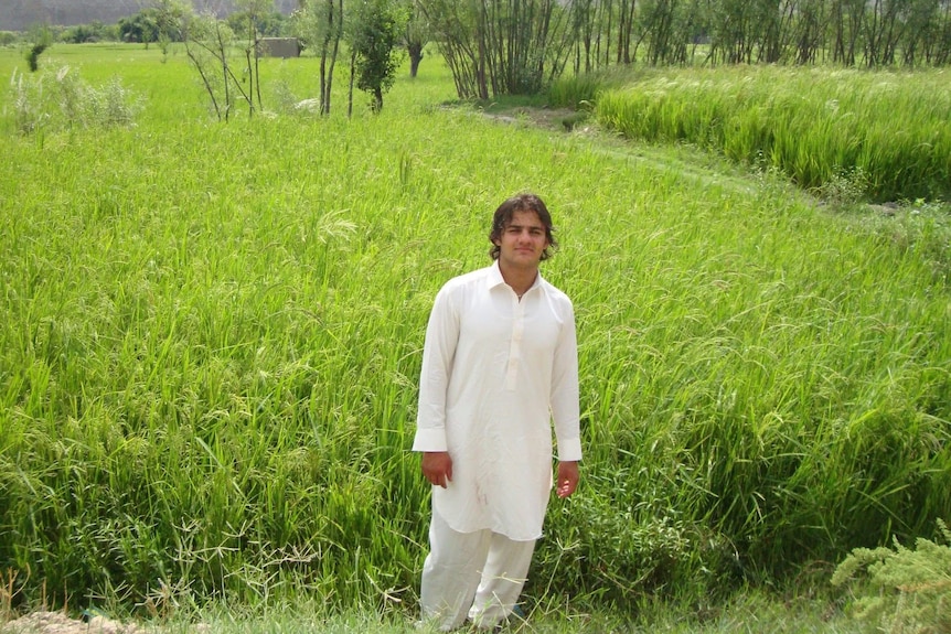 A man stands in a green field
