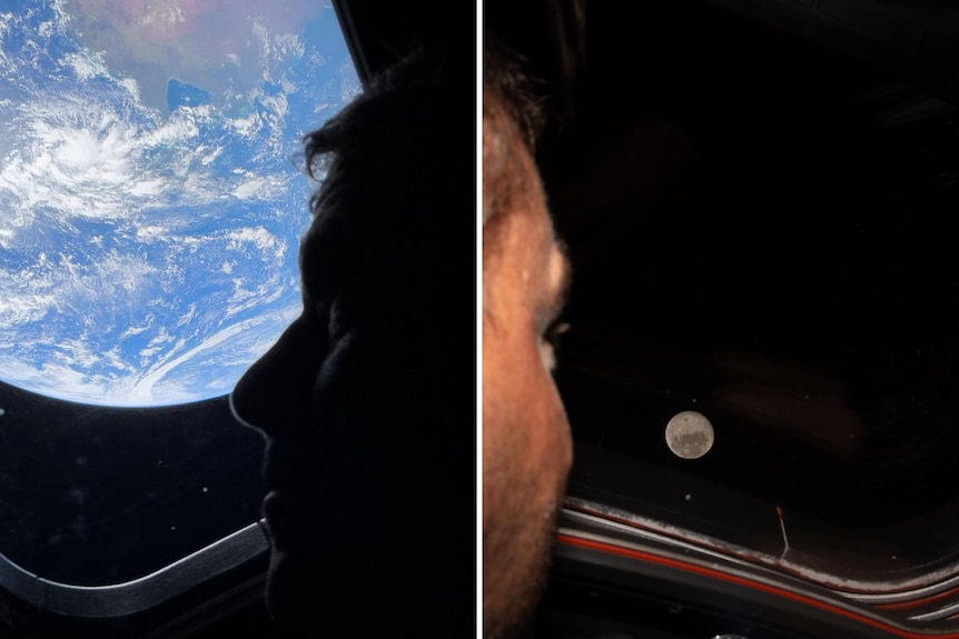 A composite of a man's head side profile looking out rounded rectangular windows in space at large blue Earth and small Moon.