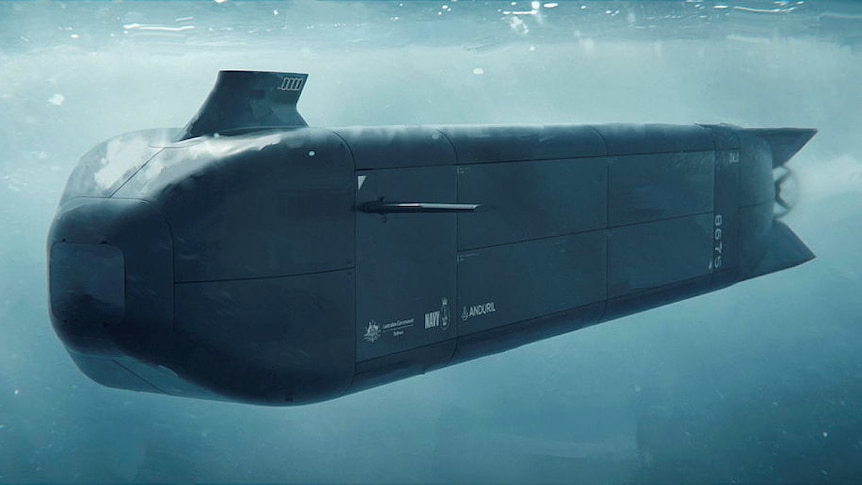 A black mini submarine looking drone seen underwater.