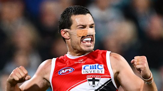 Jack Silvagni celebrates his first St Kilda goal.