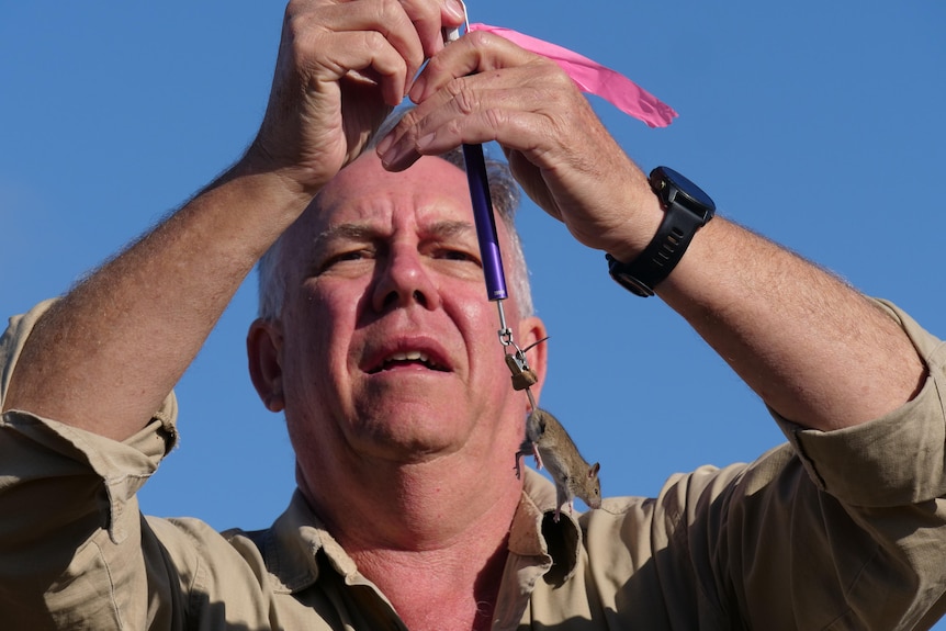 A man holding a metal rod with a mouse attached to it by its tail