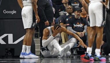 Victor Wembanyama leaves court with concussion as San Antonio Spurs lose second playoff game to Portland Trail Blazers