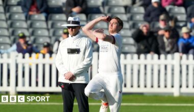 Lancashire bowler George Balderson running into bowl against Gloucestershire.