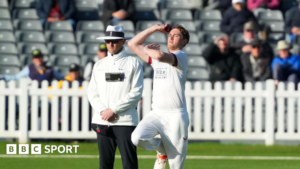 Lancashire bowler George Balderson running into bowl against Gloucestershire.