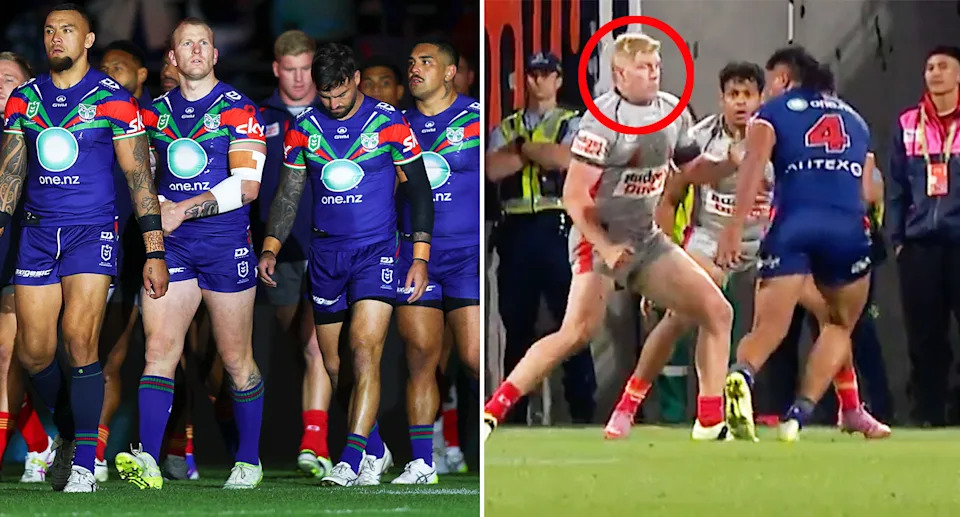 On the right is Dolphins star Tom Flegler, with Warriors and NSW Origin prop Mitch Barnett on left.