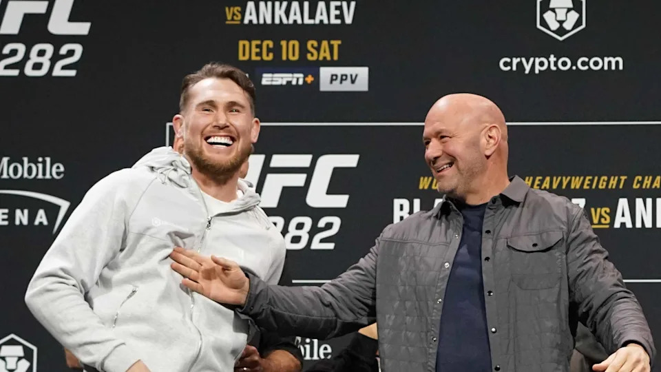 LAS VEGAS, NV - DECEMBER 8: Darren Till (L) and Dricus Du Plessis (R) face-off ahead of their UFC 282 bout on December 8, 2022, at the MGM Garden Grand Arena in Las Vegas, NV. (Photo by Amy Kaplan/Icon Sportswire via Getty Images)