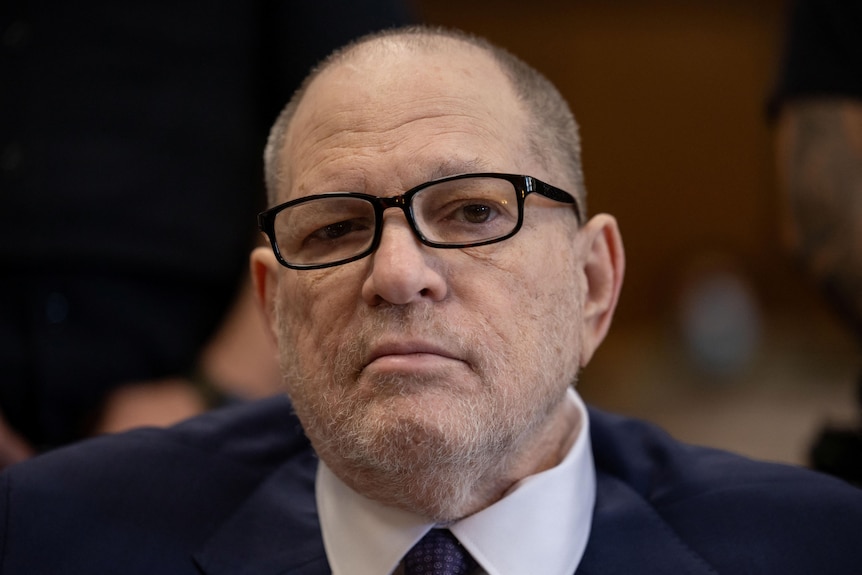 A close up of Harvey Weinstein's face, he has a sparse grey beard and thick-rimmed glasses.