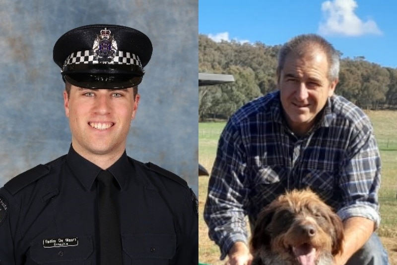 A composite image of a man in a dark police uniform and cap and an older man in a checked shirt with a dog.