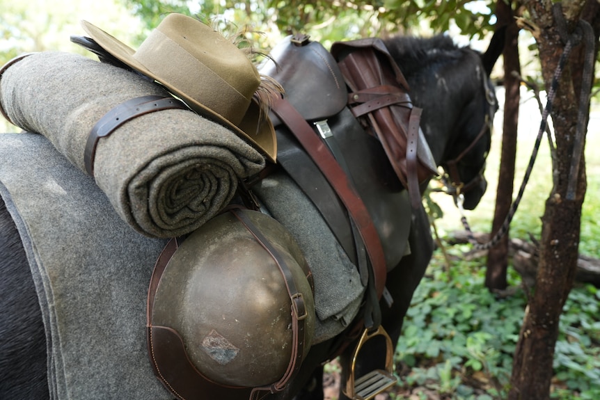 A number of military items sit on the back of a horse, including a helmet, rolled up blanket and saddle.