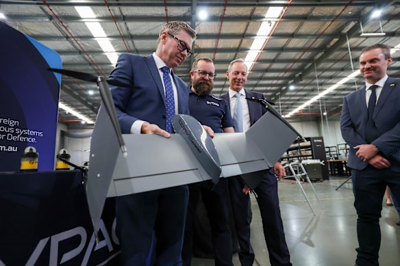 Defence Industry Minister Pat Conroy inspects SYPAQ Systems’ Corvo Strike, quadcopter interceptor drone at the company’s factory in Melbourne.