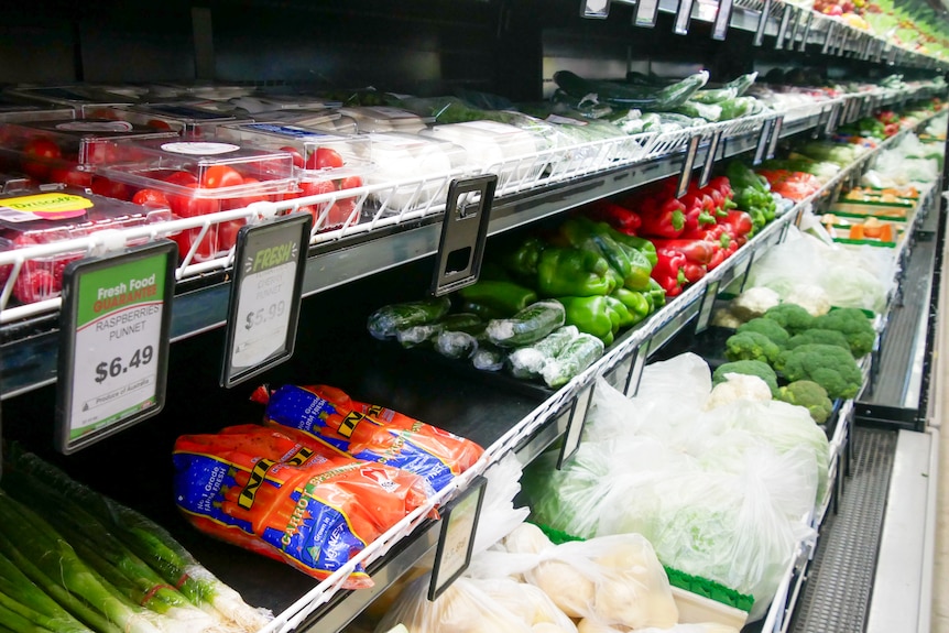Fresh vegetables on three black shelves with price stickers in front of the items.