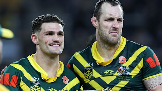 Nathan Cleary and Isaah Yeo celebrate after winning the Ashes in England last year.