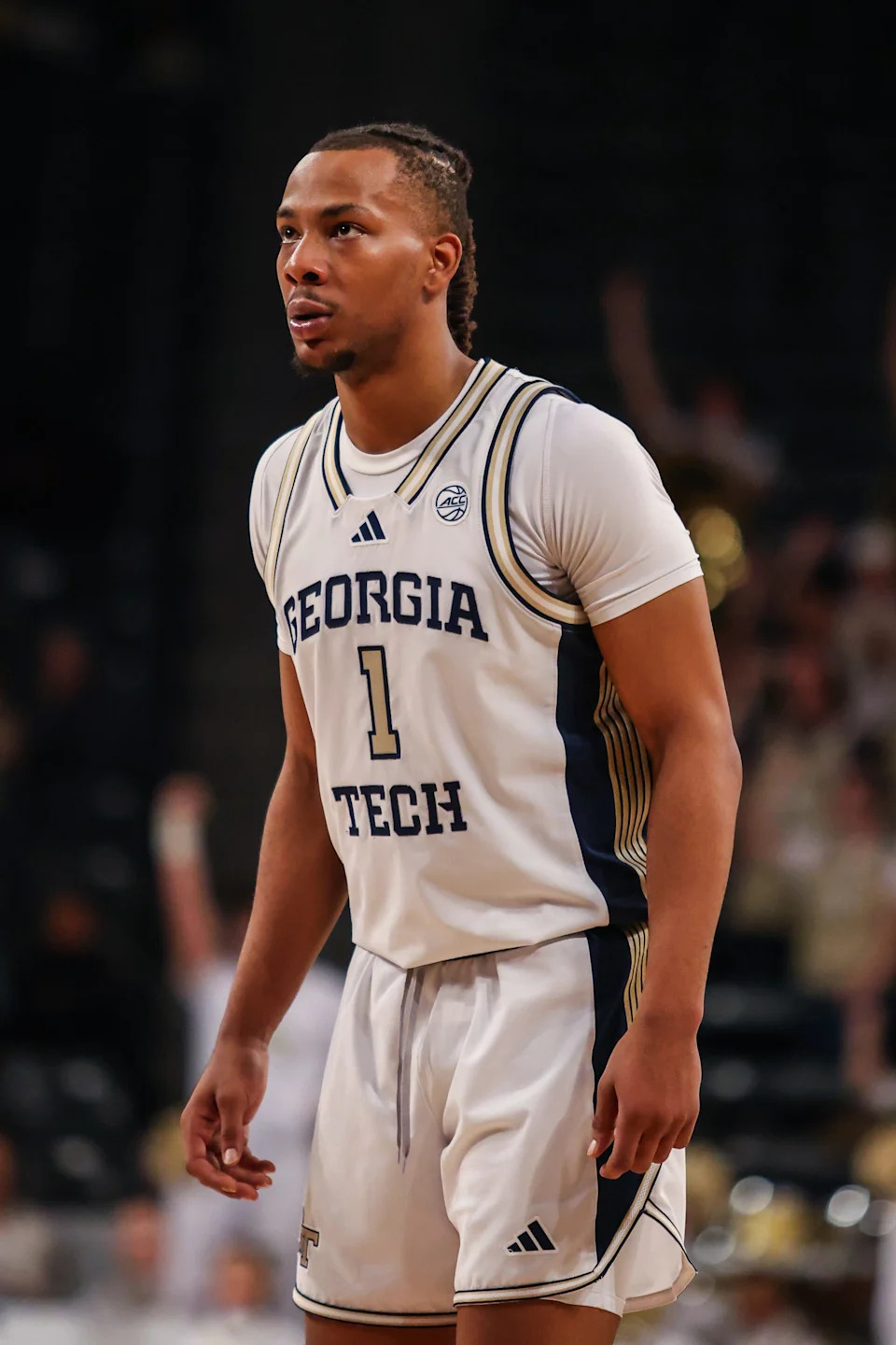 Mar 4, 2026; Atlanta, Georgia, USA; Georgia Tech Yellow Jackets guard Lamar Washington (1) during the game against the California Golden Bears during the second half at McCamish Pavilion. Mandatory Credit: Jordan Godfree-Imagn Images