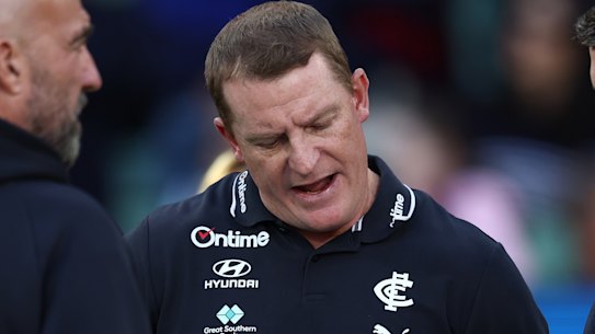 Michael Voss looks for answers as Carlton capitulate against Melbourne on Sunday.
