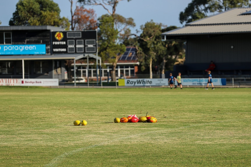 Green grass of a football oval with a row of red and yellow balls on the ground. There are a group of players in the background.