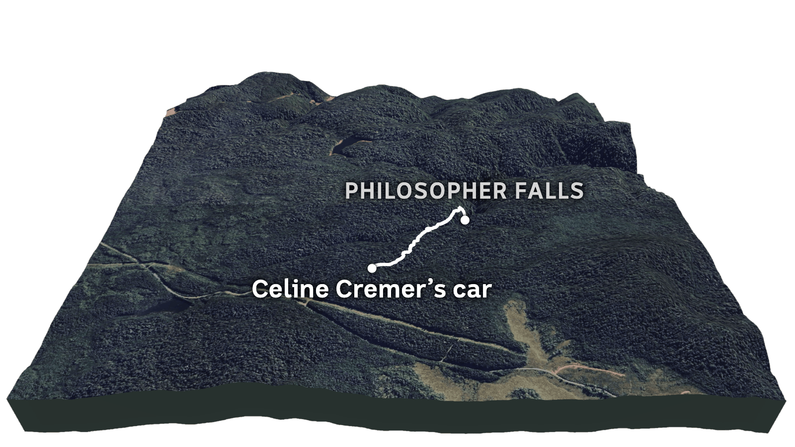 A graphic image showing a slice of forest using satellite imagery. A line from 'Celine Cremer's car' to 'Philosopher Falls'