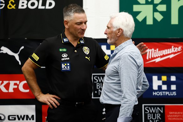 Richmond coach Adem Yze with legendary coach and former Tiger Mick Malthouse in the rooms pre-game.