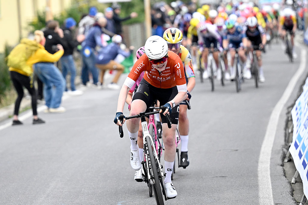SANREMO, ITALY - MARCH 21: Puck Pieterse of Netherlands and Team Fenix-Premier Tech competes in the breakaway during the 8th Milano-Sanremo Donne 2026, Women&amp;apos;s Elite a 156km one day race from Genova to Sanremo / #UCIWWT / on March 21, 2026 in Sanremo, Italy. (Photo by Ivan Bennedetto - Pool/Getty Images)