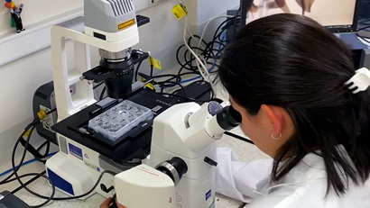 Person wearing a lab coat studying samples using a microscope. 
