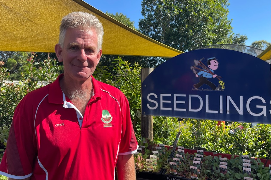 A man in a red shirt stands at a nursery.
