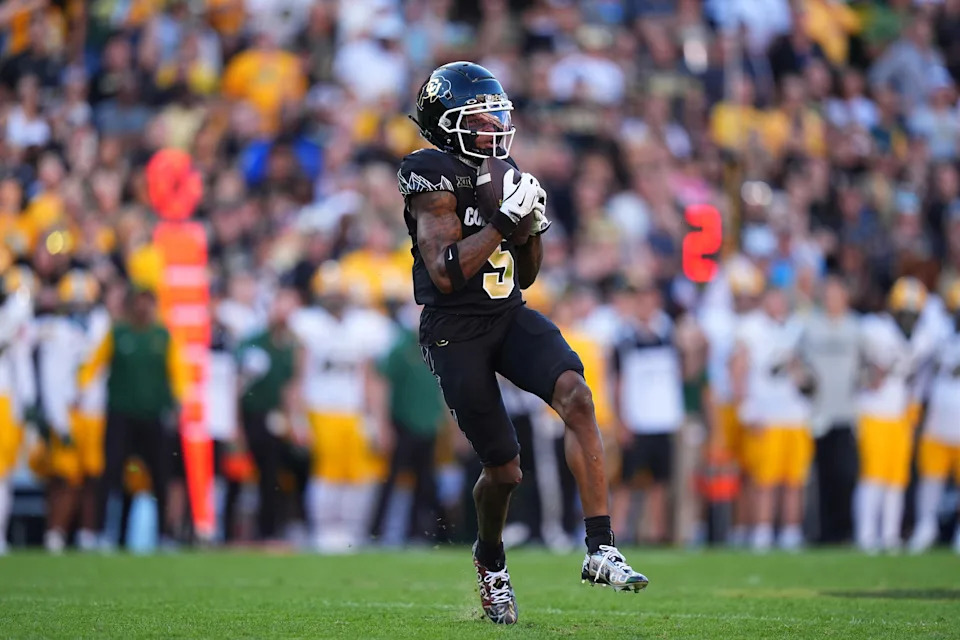 Aug 29, 2024; Boulder, Colorado, USA; Colorado Buffaloes wide receiver Jimmy Horn Jr. (5) catches the ball in the first half against the North Dakota State Bison at Folsom Field. Mandatory Credit: Ron Chenoy-USA TODAY Sports
