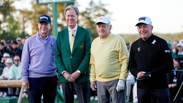 Tom Watson, Augusta National chairman Fred Ridley, Jack Nicklaus and Gary Player pose before the ceremonial tee shot on the first hole.