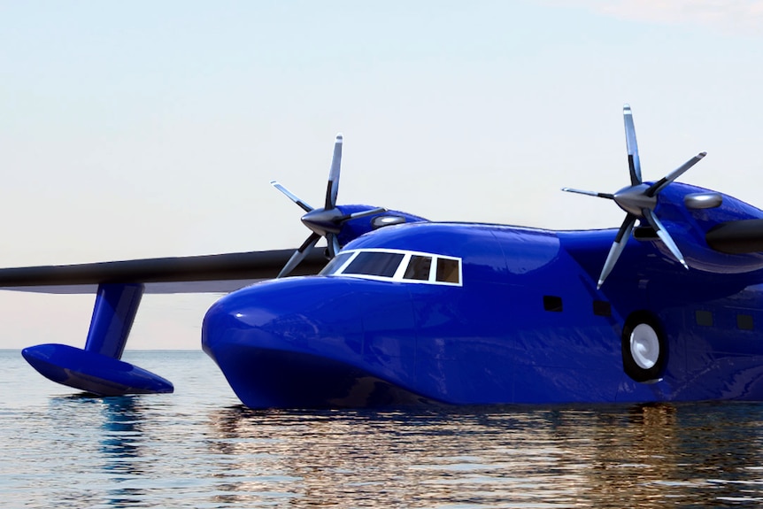 A rendering of a blue plane floating on water.