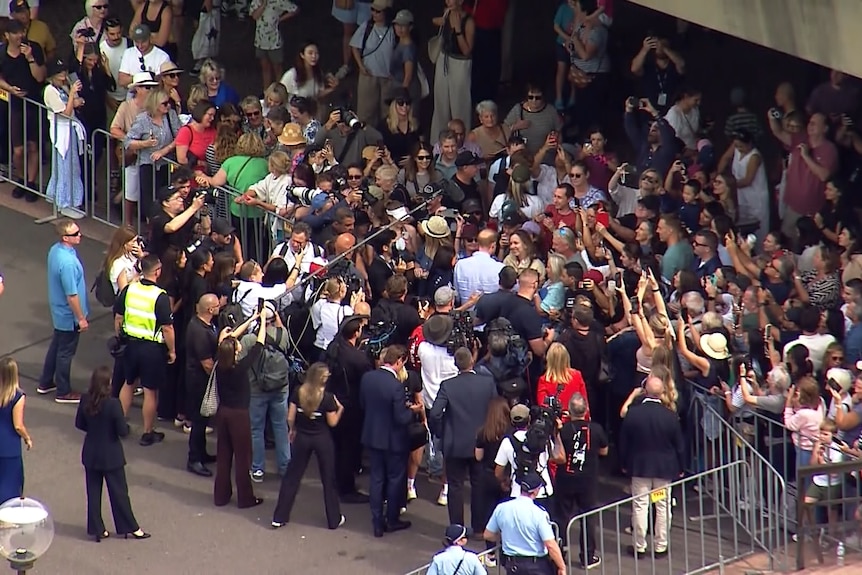 A large crowd gathered behind fencing reach out to Harry and Meghan.