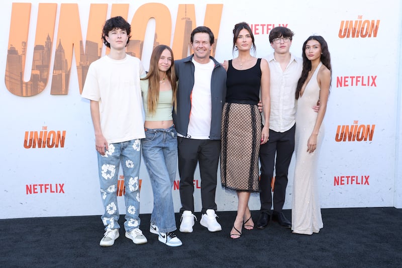 Mark Wahlberg with his wife Rhea Durham and their children Michael, Ella, Brendan, and Grace at the premiere of the film "The Union" in Los Angeles in August 2024.