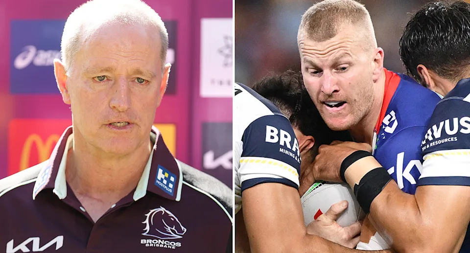 The Warriors have agreed a player swap with Brisbane for Mitch Barnett (R) in a move that could allow Michael Maguire's (L) Broncos to extend one of their off-contract stars. Pic: Getty