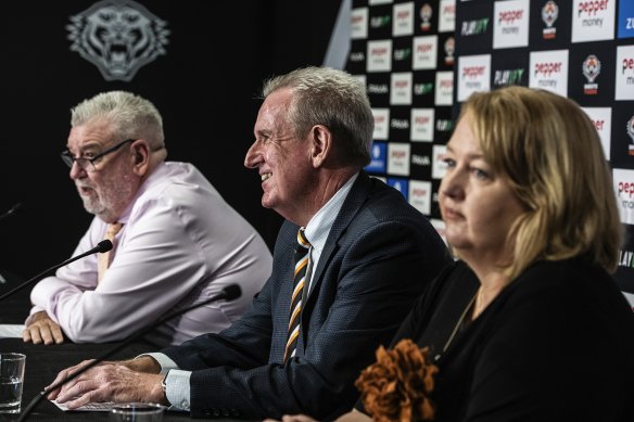 Former Wests Tigers chief executive Shane Richardson (left) pictured with Tigers chairman Barry O’Farrell and independent director Michelle McDowell.