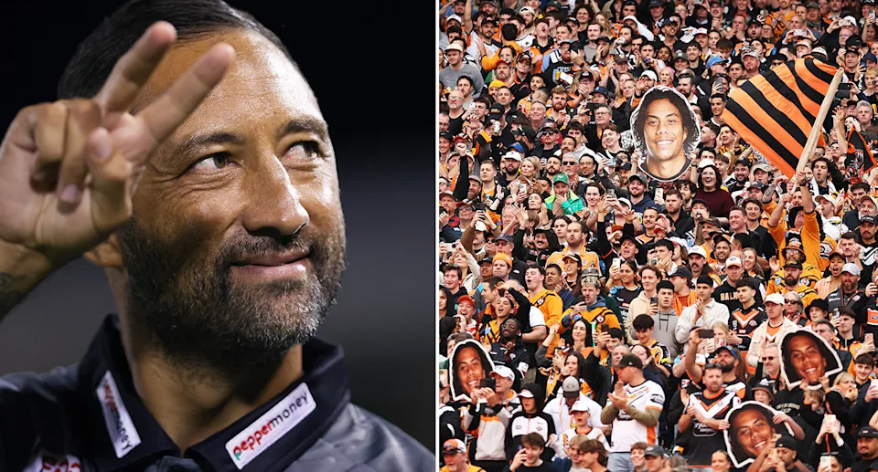 Pictured left to right, Wests Tigers coach Benji Marshall and the NRL club's fans.