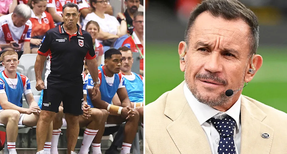 Pictured right to left, Matty Johns and former Dragons coach Shane Flanagan.
