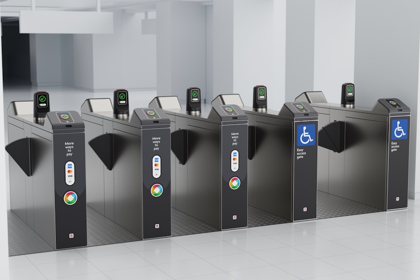 Five tap and pay stations with signs indicating what EFTPOS cards they take, with screens above.