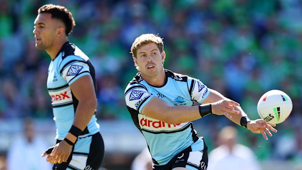 CANBERRA, AUSTRALIA - MARCH 29: Blayke Brailey of the Sharks in action during the round four NRL match between Canberra Raiders and Cronulla Sharks at GIO Stadium, on March 29, 2026, in Canberra, Australia. (Photo by Mark Nolan/Getty Images)
