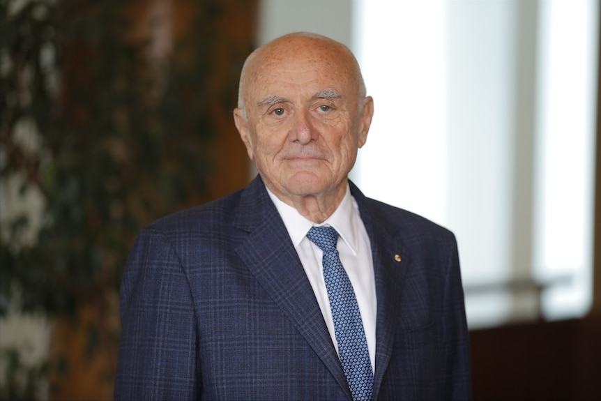 Professor Allan Fels wearing a navy suit and blue tie.