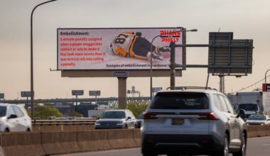 A Phans of Philly billboard visible from northbound I-95 near the stadiums pokes fun at Sidney Crosby's flop in Game 3.
