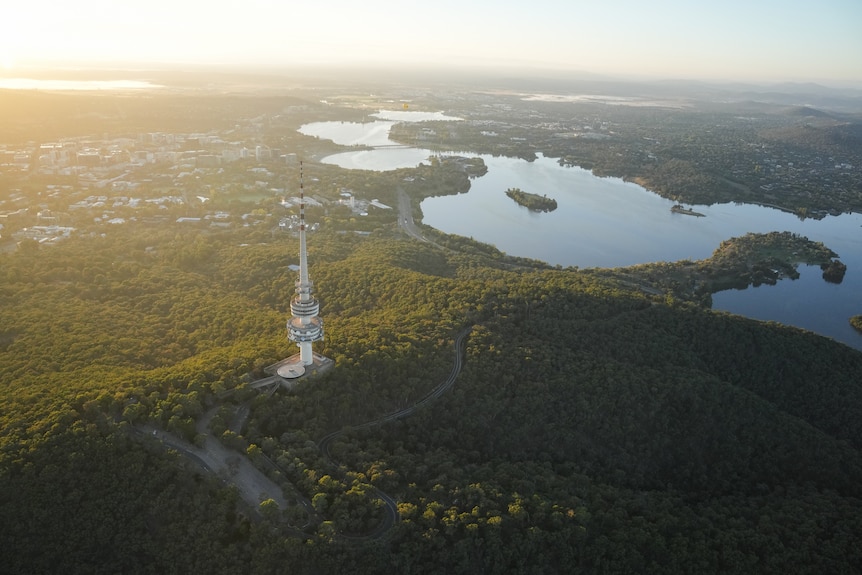 An aerial view of Telstra Tower on Black Mountain.