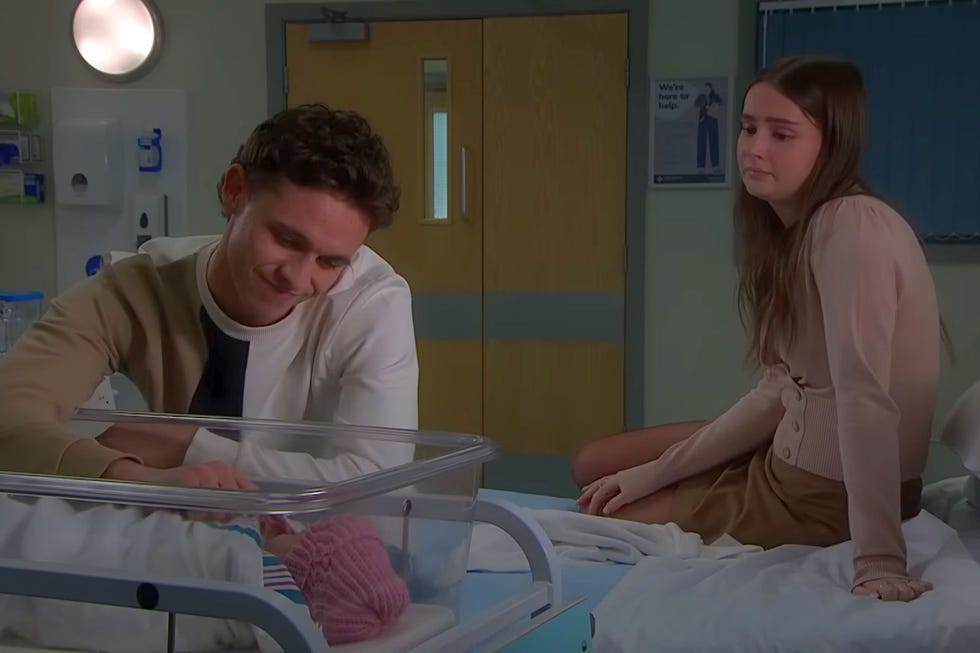 emmerdale, jacob and sarah with baby leyla in an incubator