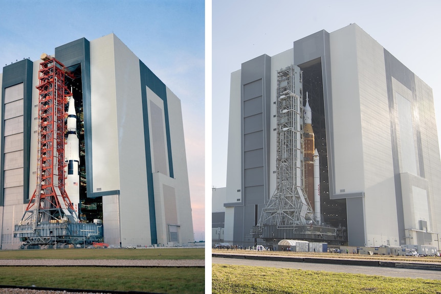 Similar photos showing Saturn V rocket and Artemis I rocket leaving the Vehicle Assembly Building.