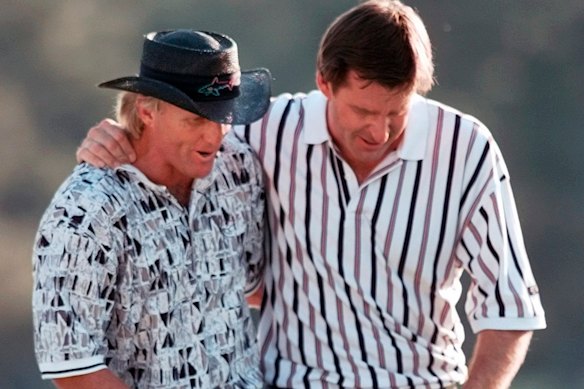 Greg Norman, left, with Nick Faldo, his conqueror at the Masters in 1996 by five strokes.