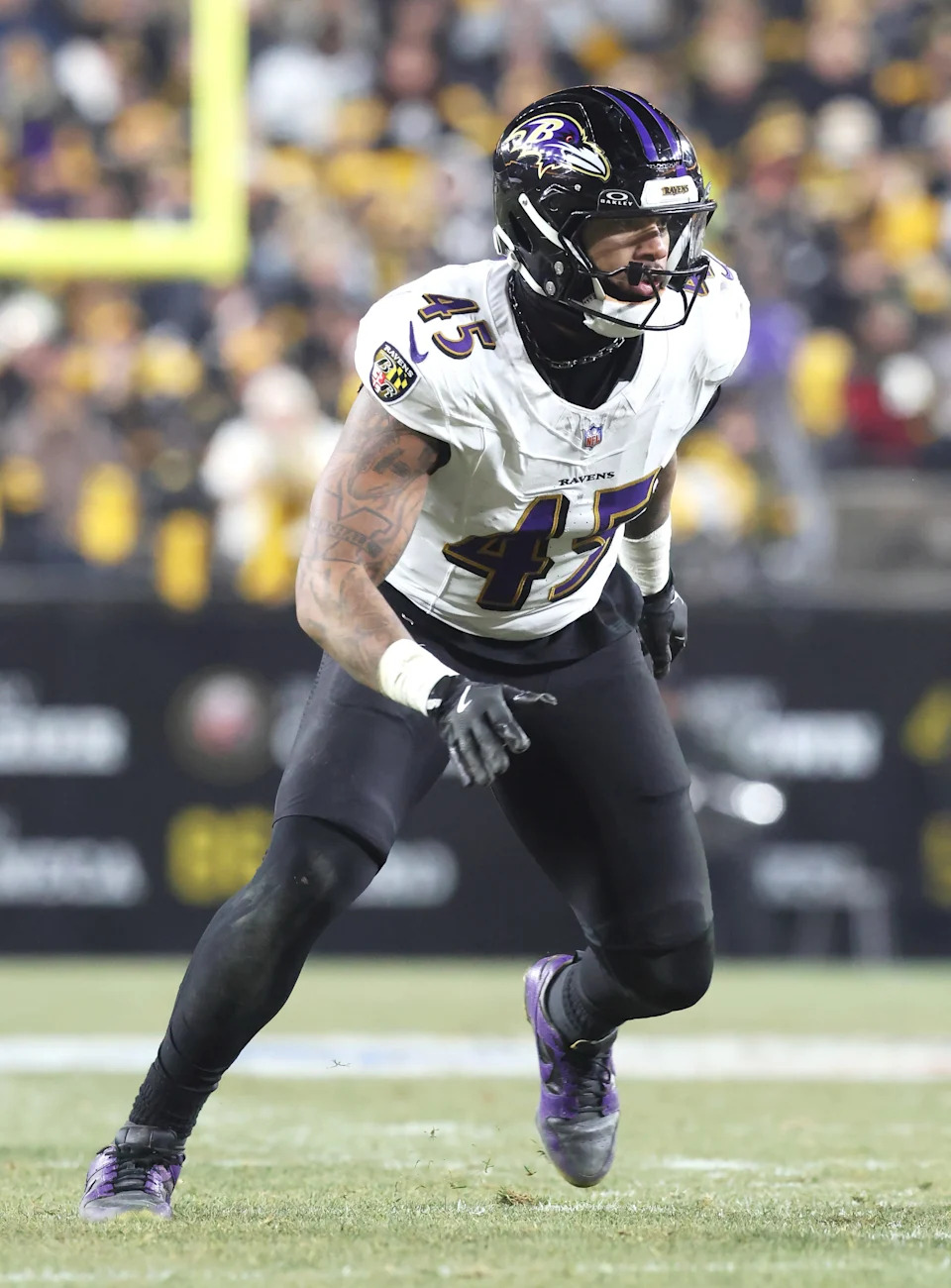 Jan 4, 2026; Pittsburgh, Pennsylvania, USA; Baltimore Ravens linebacker Mike Green (45) in action against the Pittsburgh Steelers during the second quarter at Acrisure Stadium. Mandatory Credit: Charles LeClaire-Imagn Images