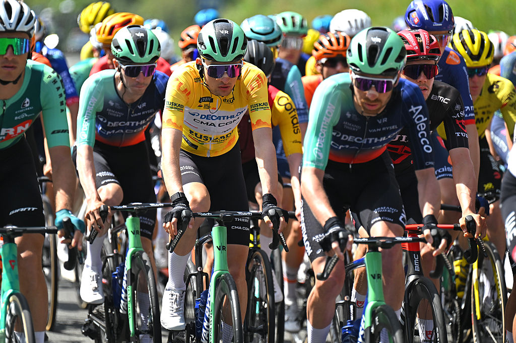 EIBAR, SPAIN - APRIL 10: Paul Seixas of France and Team Decathlon CMA CGM - Yellow Leader Jersey during the 65th Itzulia Basque Country 2026, Stage 5 a 176.2km stage from Eibar to Eibar / #UCIWT / on April 10, 2026 in Eibar, Spain. (Photo by Tim de Waele/Getty Images)