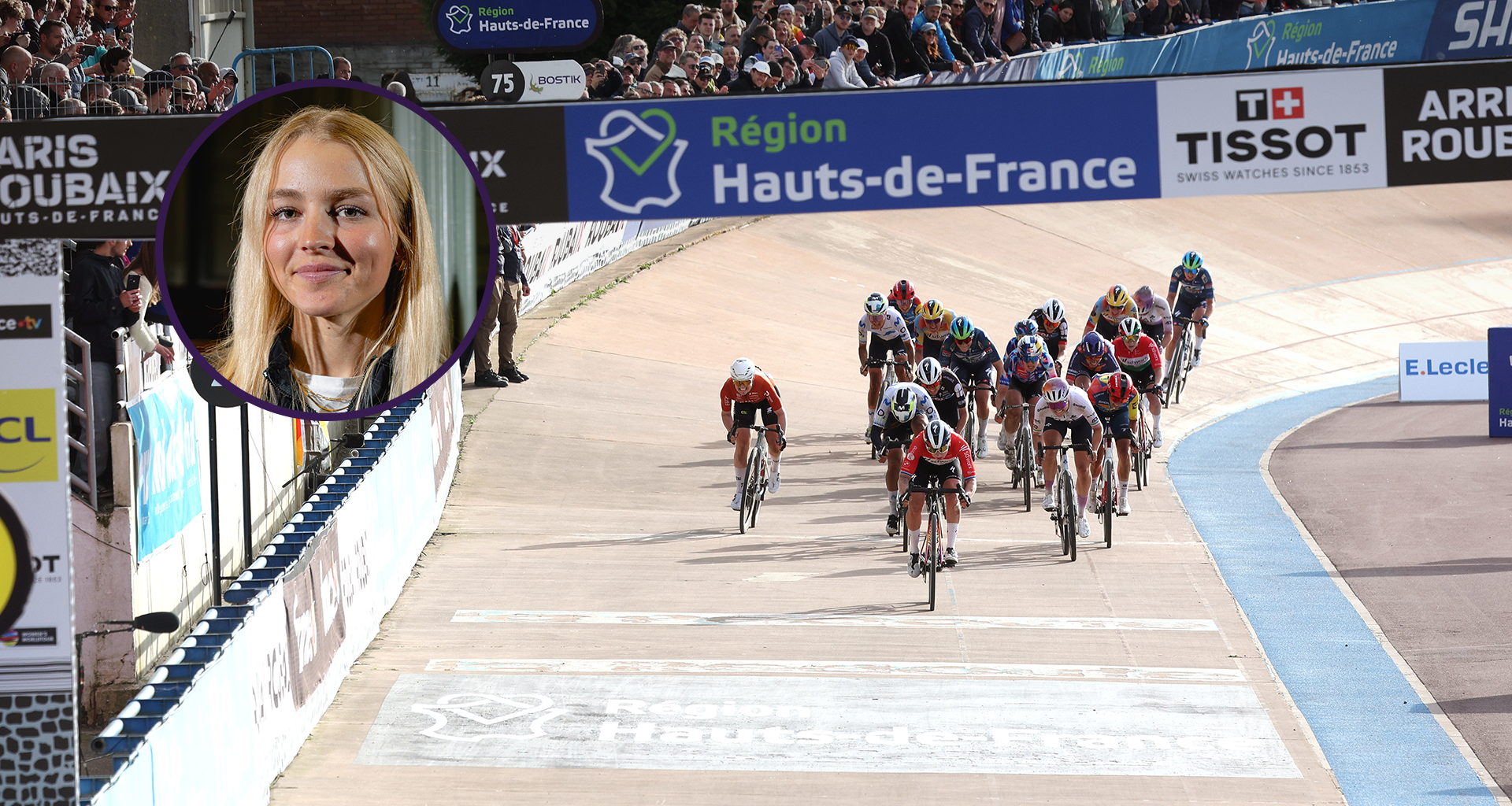 Cat Ferguson (circled) with the Paris-Roubaix velodrome