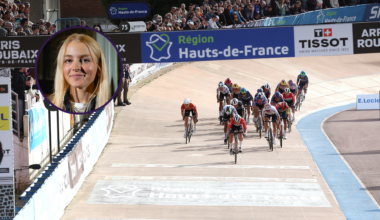 Cat Ferguson (circled) with the Paris-Roubaix velodrome