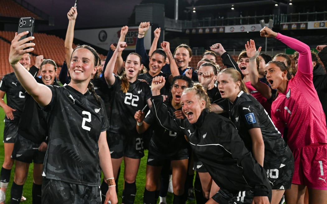 Kate Taylor takes a selfie of the Football Ferns
