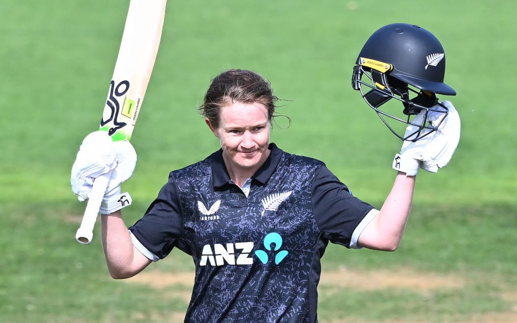 New Zealand White Ferns Maddy Green celebrates scoring 100 runs, NZ White Ferns v South Africa 3rd ODI, Cello Basin Reserve, Wellington.