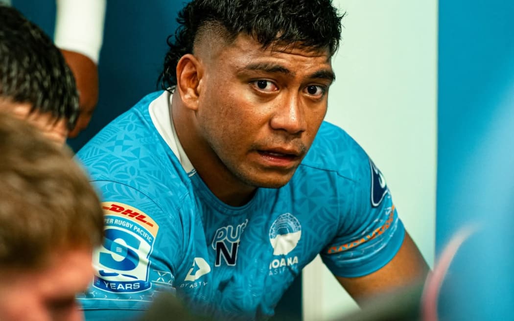 Moana Pasifika Captain Miracle Failagii inside the team's change room at halftime on Friday night.